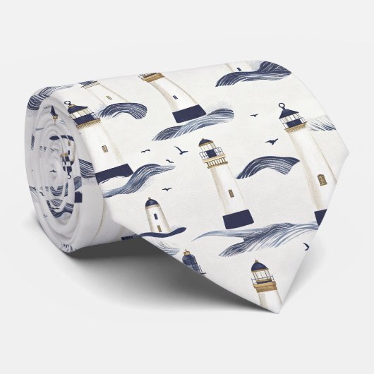 Vuurtoren kustblauw patroon (1) stropdas (Opgerold)