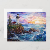 Vuurtoren kustlandschap gebrandschilderd glas stij briefkaart (Voorkant / Achterkant)
