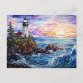 Vuurtoren kustlandschap gebrandschilderd glas stij briefkaart (Voorkant)