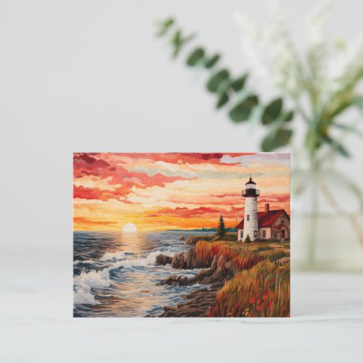 Vuurtoren kustlandschap quilten stijl briefkaart (Staand voorkant)
