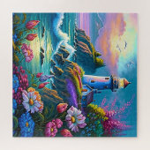 Vuurtoren langs de oceaangolven kleurrijke bloemen legpuzzel (Horizontaal)