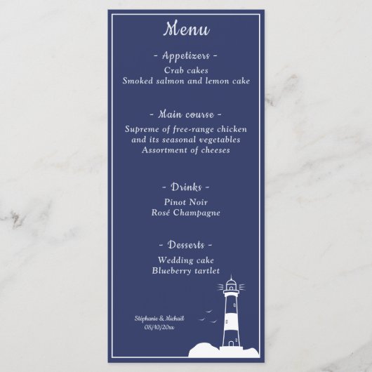 Vuurtoren Marine Blauw Bruiloft Menu (Voorkant)