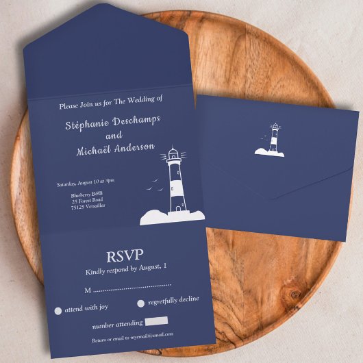 Vuurtoren Marine Blauw Bruiloft RSVP All In One Uitnodiging
