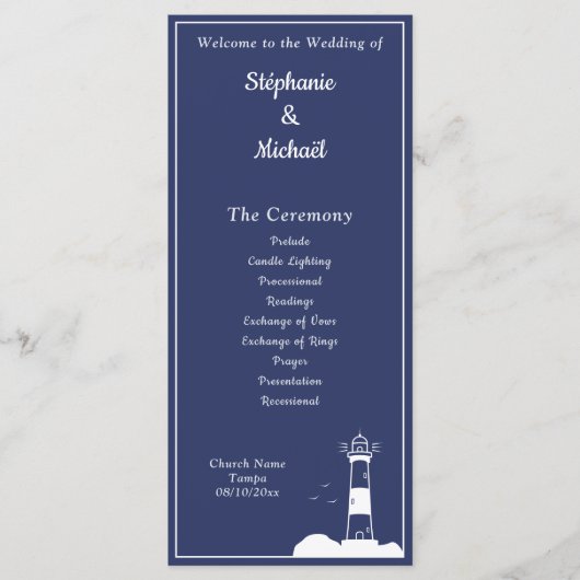 Vuurtoren Marine Blauw Huwelijksceremonie Programm Menu (Voorkant)
