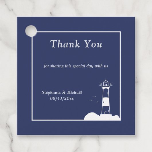 Vuurtoren marine blauwe bruiloft dank u bedankjes labels (Voorkant)