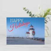 Vuurtoren met een kerstkrans feestdagenkaart (Staand voorkant)