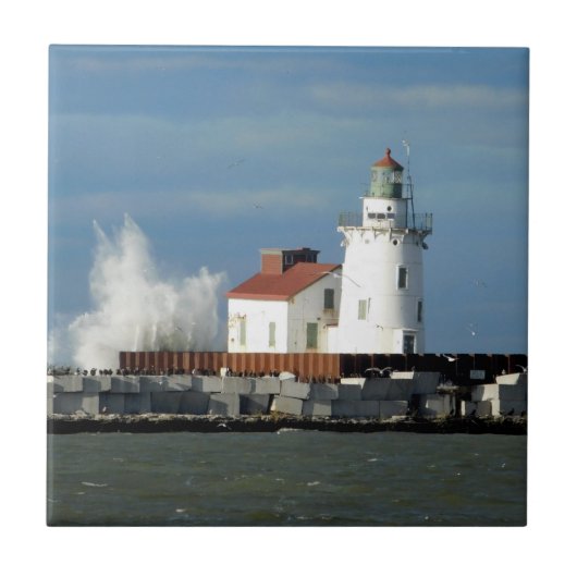 vuurtoren met golfkeramische tegel tegeltje (Voorkant)