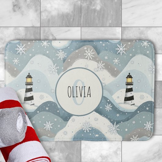 Vuurtoren met Ijsgolven Winter Nautical Monogram Badmat