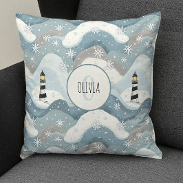 Vuurtoren met Ijsgolven Winter Nautical Monogram Kussen