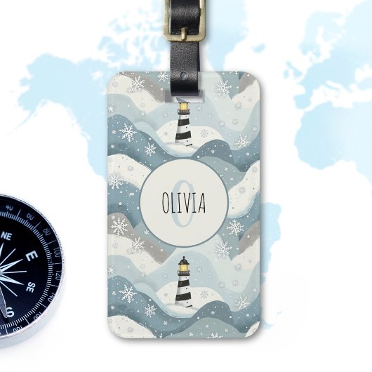Vuurtoren met ijzige golven Winter Nautisch Monogr Bagagelabel