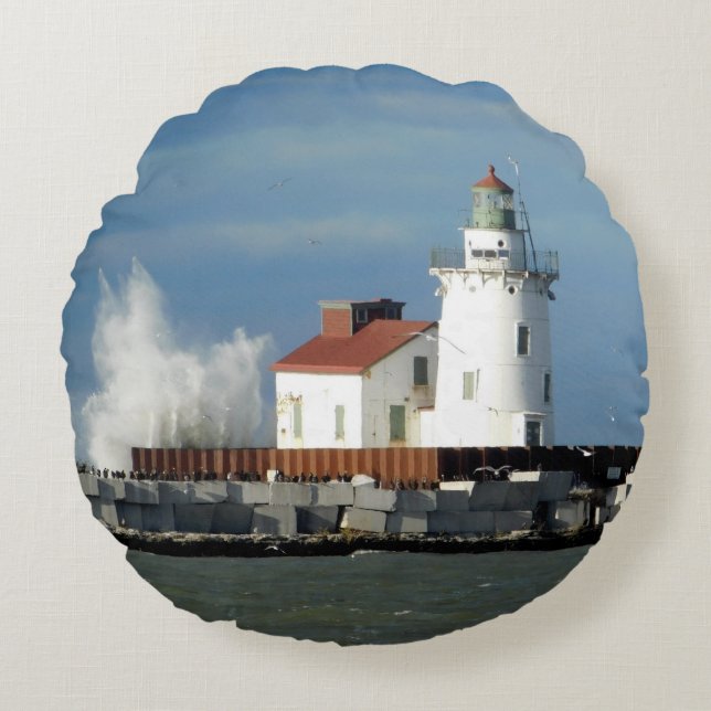 Vuurtoren met Wave Round Pillow Rond Kussen (Voorkant)