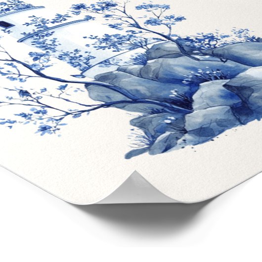 Vuurtoren met zeemeeuwen - Coastal Blue op Beige Poster (Hoek)