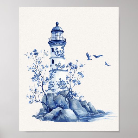 Vuurtoren met zeemeeuwen - Coastal Blue op Beige Poster (Voorkant)