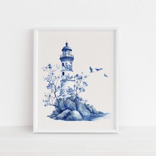 Vuurtoren met zeemeeuwen - Coastal Blue op Beige Poster