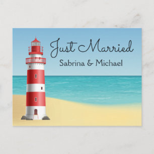 Vuurtoren Nautical Just Married Beach Wedding Aankondigingskaart
