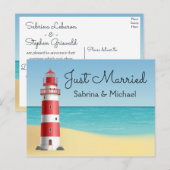 Vuurtoren Nautical Just Married Beach Wedding Aankondigingskaart (Voorkant / Achterkant)