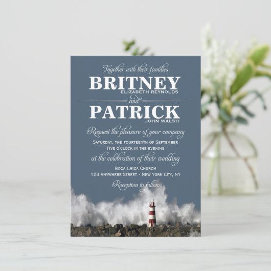 Vuurtoren Nautical Thleding Invitations Kaart (Staand voorkant)