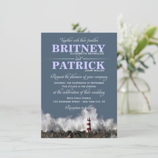 Vuurtoren Nautical Thleding Invitations Kaart (Staand voorkant)