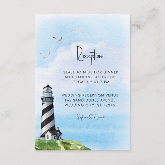 Vuurtoren Nautical Waterverf Wedding Reception Informatiekaartje (Voorkant)
