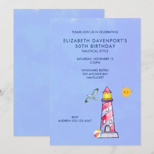 Vuurtoren Nautisch Thema 50e Verjaardag Uitnodigen Kaart (Voorkant / Achterkant)
