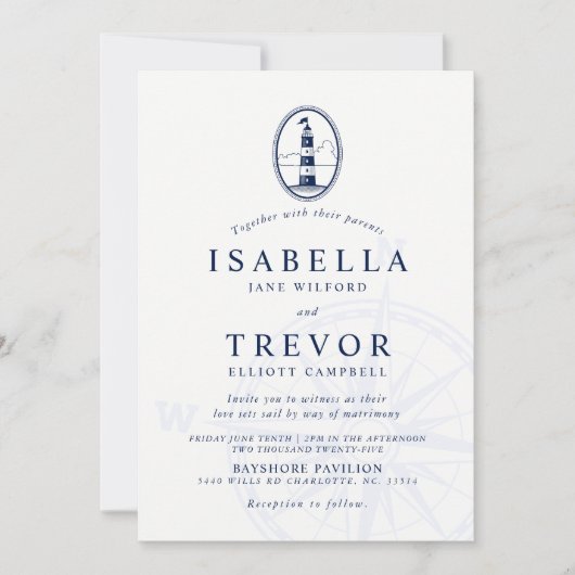 Vuurtoren nautische bruiloft uitnodiging Solid Nav (Voorkant)