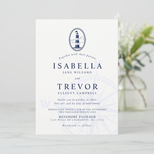 Vuurtoren nautische bruiloft uitnodiging Solid Nav (Staand voorkant)