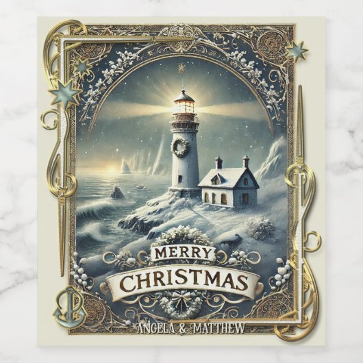  Vuurtoren Nautische Kerst Wijn Etiket (Enkel label)