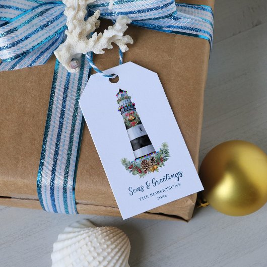 Vuurtoren Nautische Zeeen & Groeten Kerstmis Cadeaulabel