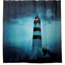 Vuurtoren oceaan donkerblauwe regenachtige nacht