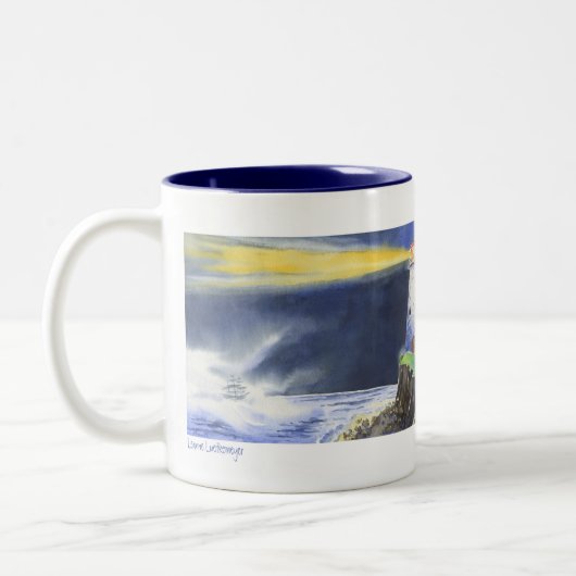 Vuurtoren oceaannachthond tweekleurige koffiemok (Links)