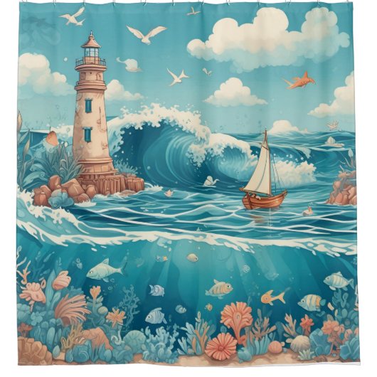 Vuurtoren & Ocean Dreamscape Douchegordijn (Voorkant)