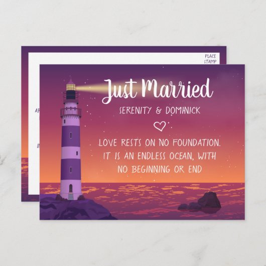 'Vuurtoren Ocean Nautical Just Married Wedding Aankondigingskaart (Voorkant / Achterkant)