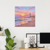 Vuurtoren Oever Zonsondergang - Pastel Schildersti Poster (Thuiskantoor)