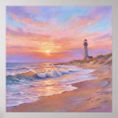 Vuurtoren Oever Zonsondergang - Pastel Schildersti Poster (Voorkant)