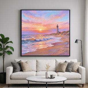 Vuurtoren Oever Zonsondergang - Pastel Schildersti Poster