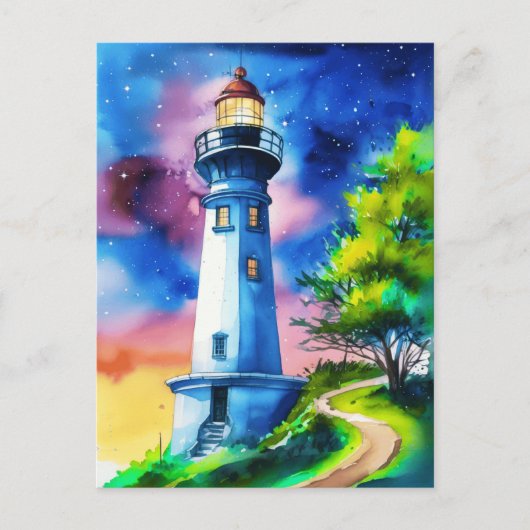 Vuurtoren onder een sterrenhemel briefkaart (Voorkant)