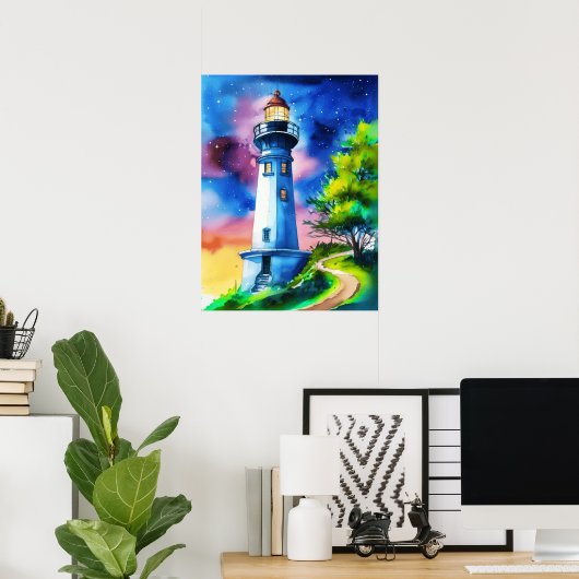 Vuurtoren onder een sterrenhemel poster (Thuiskantoor)