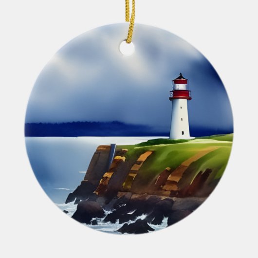 Vuurtoren op de Waterverf van Cliffs Gepersonalise Keramisch Ornament (Voorkant)