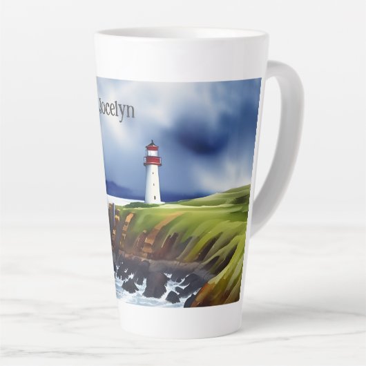 Vuurtoren op de Waterverf van Cliffs Gepersonalise Latte Mok (Rechterhoek)