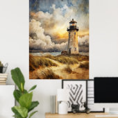 Vuurtoren op een strand poster (Thuiskantoor)