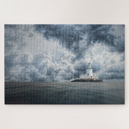 Vuurtoren op eilandwolken storm legpuzzel (Horizontaal)
