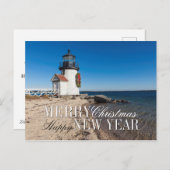 Vuurtoren op het strand met een kerstkrans feestdagenkaart (Voorkant / Achterkant)