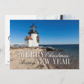 Vuurtoren op het strand met een kerstkrans feestdagenkaart (Voorkant / Achterkant)