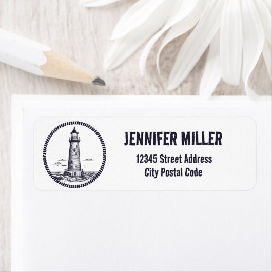 Vuurtoren op het zee in ronde touw lijst etiket (Insitu)