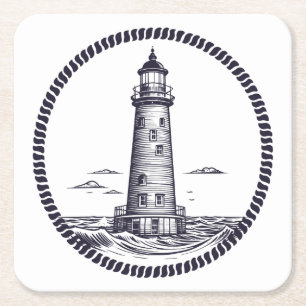 Vuurtoren op het zee in ronde touw lijst kartonnen onderzetters