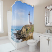 vuurtoren op heuvelblauwe hemel witte dakoceaan douchegordijn (In situ)