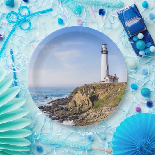 vuurtoren op heuvelblauwe hemel witte dakoceaan papieren bordje (Feest)