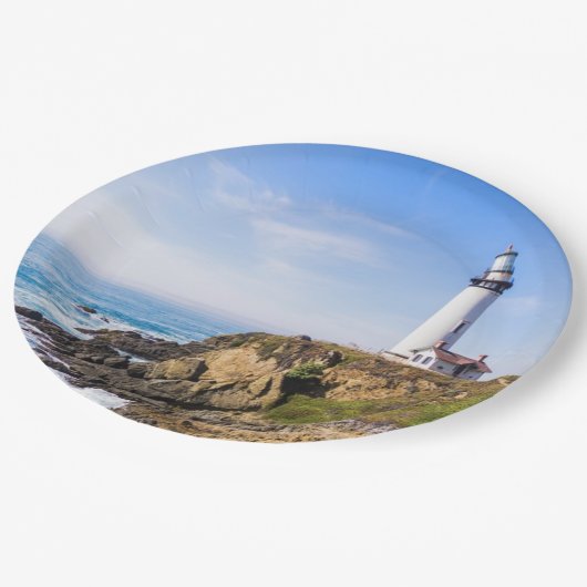 vuurtoren op heuvelblauwe hemel witte dakoceaan papieren bordje (Gekanteld)