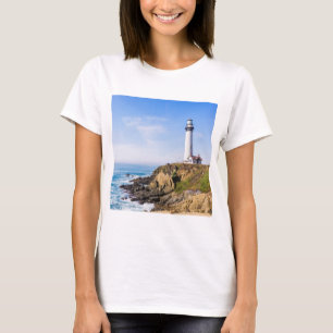 vuurtoren op heuvelblauwe hemel witte dakoceaan t-shirt