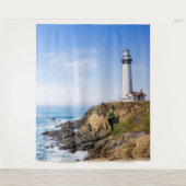 vuurtoren op heuvelblauwe hemel witte dakoceaan wandkleed (Voorkant)